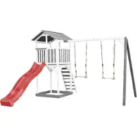 Axi Beach Tower Speeltoestel van hout in Grijs en Wit | Speeltoren met zandbak, dubbele schommel en rode Glijbaan | Speelhuis op palen voor de tuin