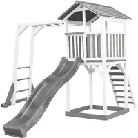 Axi Beach Tower Speeltoestel van hout in Grijs en Wit | Speeltoren met zandbak, klimrek en grijze Glijbaan | Speelhuis op palen voor de tuin