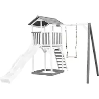 Axi Beach Tower Speeltoestel van hout in Grijs en Wit | Speeltoren met zandbak, schommel en witte Glijbaan | Speelhuis op palen voor de tuin