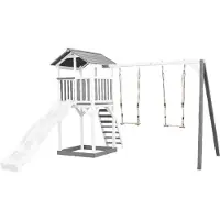 Axi Beach Tower Speeltoestel van hout in Grijs en Wit | Speeltoren met zandbak, dubbele schommel en witte Glijbaan | Speelhuis op palen voor de tuin