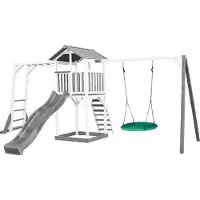 Axi Beach Tower Speeltoestel van hout in Grijs en Wit | Speeltoren met zandbak, klimrek, nestschommel en grijze Glijbaan | Speelhuis op palen voor de tuin