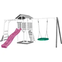Axi Beach Tower Speeltoestel van hout in Grijs en Wit | Speeltoren met zandbak, klimrek, nestschommel en paarse Glijbaan | Speelhuis op palen voor de tuin