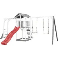 Axi Beach Tower Speeltoestel van hout in Grijs en Wit | Speeltoren met zandbak, klimrek, dubbele schommel en rode Glijbaan | Speelhuis op palen voor de tuin