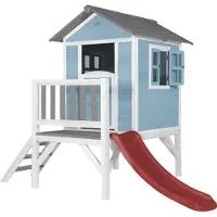 Axi Speelhuis Beach Lodge XL Blauw met rode Glijbaan | Speelhuis op palen met veranda gemaakt van FSC hout | Klein speeltoestel voor de tuin