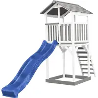 Axi Beach Tower Speeltoestel van hout in Grijs & Wit | Speeltoren met zandbak en blauwe Glijbaan | Speelhuis op palen voor de tuin