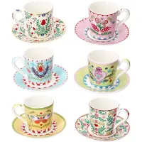 MamboCat 6-delige set SPRING FOLK espressokopjes met schoteltjes, elk 1x bloem (gele rand), bloem (rode rand), geel, groen, roze en blauw van porselein – R0126#SFOL
