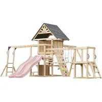 Axi Hunter XXL Speeltoestel van Hout met 2 Schommels & Dubbele Glijbaan in Pastelroze | Speeltoren / Speelhuis op Palen voor Kinderen met Klimrek, Klimbrug, Trapeze | Speelplaats voor de Tuin