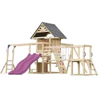 Axi Hunter XXL Speeltoestel van Hout met 2 Schommels & Dubbele Glijbaan in Paars | Speeltoren / Speelhuis op Palen voor Kinderen met Klimrek, Klimbrug, Trapeze | Speelplaats voor de Tuin