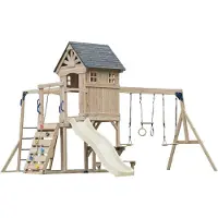 Axi Duncan Speeltoestel van Houten met 2 Schommels - Crème Glijbaan | Speeltoren / Speelhuis op Palen voor kinderen met Klimrekken, Monkey Bars, Trapeze & Picknickbank | Schommelrek voor in de Tuin