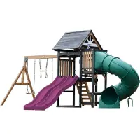Axi Cody Speeltoestel van Hout met 2 Schommels & Dubbele Glijbaan in Paars & BuisGlijbaan | Speeltoren voor Kinderen met Klimwand & Trapeze| Inclusief Accessoires | Speeltoestel voor in de tuin