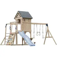 Axi Duncan Speeltoestel van Houten met 2 Schommels - Pastel Blauwe Glijbaan | Speeltoren / Speelhuis op Palen voor kinderen met Klimrekken, Monkey Bars, Trapeze & Picknickbank | Schommelrek