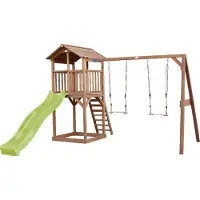 Axi Beach Tower Speeltoren met Dubbele Schommel Bruin - Limoen groene Glijbaan