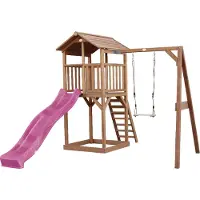 Axi Beach Tower Speeltoestel van hout in Bruin | Speeltoren met zandbak, schommel en paarse Glijbaan | Speelhuis op palen voor de tuin