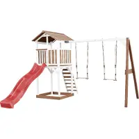 Axi Beach Tower Speeltoren met Dubbele Schommel Bruin/wit - Rode Glijbaan