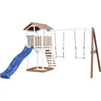 Axi Beach Tower Speeltoestel van hout in Bruin en Wit | Speeltoren met zandbak, dubbele schommel en blauwe Glijbaan | Speelhuis op palen voor de tuin