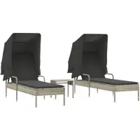 vidaXL Ligbedden 2 st met luifels en tafel poly rattan lichtgrijs