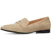 Manfield - Dames - Beige suède loafers met gouden studs - Maat 37