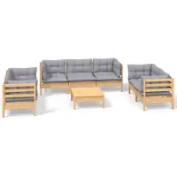 vidaXL 8-delige loungeset voor de tuin met grijze kussens, gemaakt van massief grenenhout