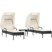 vidaXL Zonnebedden, 2 stuks, met zonnedak en tafel, zwart, polyrotan