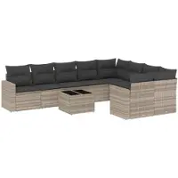 vidaXL 10-delige Loungeset met kussens poly rattan lichtgrijs