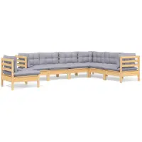 vidaXL 7-delige loungeset voor de tuin met grijze kussens, gemaakt van massief grenenhout