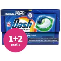Dash 1+2 gratis: Wasmiddelcapsules 3in1 Pods Witter Dan Wit 20 stuks