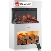 KAMINIO Elektrische haard HENRI - Elektrische houtkachel met verwarming, 3D-vlameffect, houtopslag, afstandsbediening - Wit