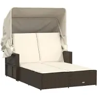 vidaXL Dubbele ligbed met zonnedak en kussens, bruin, polyrotan