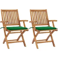 vidaXL Klapstoelen, 2 stuks, met groene kussens, gemaakt van massief teakhout