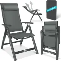 Kesser Tuinstoel met Armleuningen | Opklapbare Aluminium Ligstoel incl. Hoofdkussen | Campingstoel 7-voudig Verstelbare Rugleuning | Ademend & Weerbestendig | Opvouwbaar & Antislip Antraciet