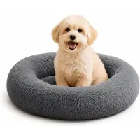 Belviona donut-hondenbed, knus hondenbed van pluche met zachte vulling, goede stabiliteit en een ergonomische rand, diameter 50 cm, antracietkleurig