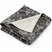 Home Deco Factory Plaid - sherpa - donkergrijs met wit - plant motief - 120 x 150 cm