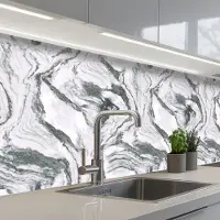 KitchenYeah Keuken achterwand 200x60 cm - Spatscherm zelfklevend Wit - Marmer print - Golvend - Grafiet - Muurbeschermer - Spatwand fornuis