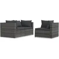 vidaXL 3-delige Loungeset met kussens poly rattan grijs