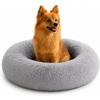 Belviona donut-hondenbed, knus hondenbed van pluche met zachte vulling, goede stabiliteit en een ergonomische rand, diameter 60 cm, lichtgrijs