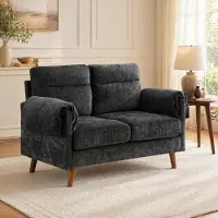 HAUSS SPOLE Zitbank - 2-Zits Chenille Bank - Mid-Century Stijl - Compact Voor Woonkamer, Slaapkamer En Appartement - Zwart