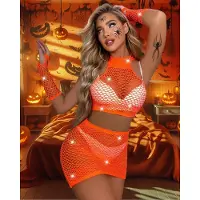 Snapshot - #supernatural - Rokje, topje en handschoenen set met strass - One Size - Oranje