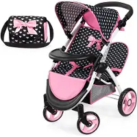 Bayer Tweeling poppenwagen Twin Xeo, dubbele poppenwagen, verstelbare duwstang, tas in zwart/wit/roze