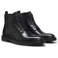BOSS Heren Zwarte leren enkellaarsjes van Calev (42), Leer, Plat, Veters, Casual 50573364
