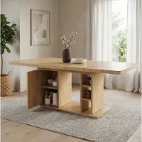 OKWISH Eettafel met uitschuifbaar tafelblad, geschikt voor 6-8 personen, keukentafel met opbergruimte, dikker tafelblad, eikenhout