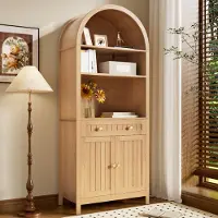 OKWISH Keukenkast - Hoge Kast Met Bogenfront - 76 x 40 x 180 cm - Open Vakken, Lade en Dubbele Deuren Met Kruidenrekken - MDF Naturel