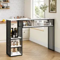 MODFU Bartafel, 140x40x105 cm, staande tafel met opbergruimte, tafelblad met marmerlook en metalen frame, keukentafel/eettafel voor keuken en eetkamer, wit + zwart