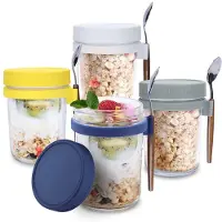 Torribaly 4-Pack Overnight Oats-Potten met Deksels en Lepels, Herbruikbare Glazen Overnight Oats-Container met Maatmarkeringen