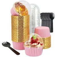 Kepptory 150 Stuks Aluminium Folie Cupcake Vormpjes met Deksel & Lepels 50 Sets Ovenbestendige Muffin Bakvormen voor Bruiloft Feest Roze