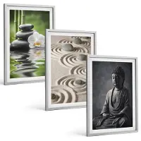 Tulup 4-Delige Schilderij Set - Ontspannend uitzicht op Boeddha, strandstenen en bamboe. - 40 x 60 cm - Muurdecoratie - Wanddecoratie - Hal - Woonkamer Decoratie