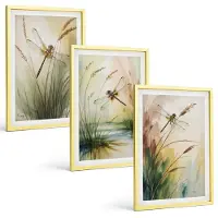 Tulup 4-Delige Schilderij Set - Libellen tussen het gras bij het water in een schilderachtige stijl. - 40 x 60 cm - Muurdecoratie - Decoratieve Schilderijen - Wohnzimmer - Moderne Wanddecoratie