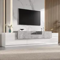 OKWISH TV Meubel 200 Cm Wit Grijs Hoogglans Cementlook Met Lade En Glasplank Voor Woonkamer En Moderne Interieurstijl