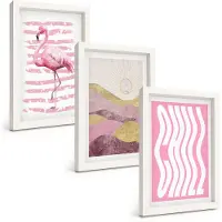 Tulup 3-Delige Schilderij Set - Roze flamingo's, pastelkleurig berglandschap, relaxte belettering - 20x30 - Stijlvolle Muurdecoratie - Kantoor - Wanddecoratie