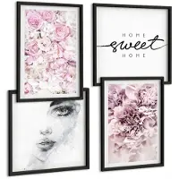 Tulup 4-Delige Schilderij Set - Delicate pioenrozen Portret van een vrouw Thuis is waar het hart is - 40 x 40 cm en 40 x 60 cm - Moderne Wanddecoratie - Woonkamer - Stijlvolle Muurdecoratie