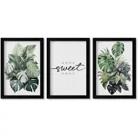 Wallfluent 3-Delige Schilderij Set - Planten In Het Groen Met De Woorden Sweet Home - 20 x 30 cm - Wanddecoratie - Schilderijen Set - Kantoor - Decoratieve Schilderijen